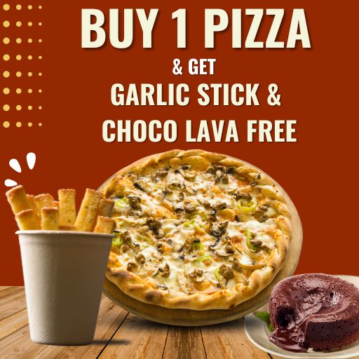 Buy 1 Medium Pizza & Get 1 Choco lava & corn Garlic bread sticks Free.