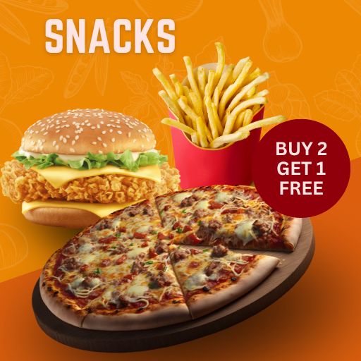 Snacks: Buy 2 & Get 1 Free (Pizza, Pasta, Sandwich, Burger, Rolls, Fries, Toasty