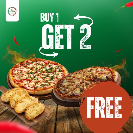 Buy 1 Medium Pizza (Kings Category) & Get 1 Regular Pizza ( Royal Category) + Garlic Bread (4PC) Fre