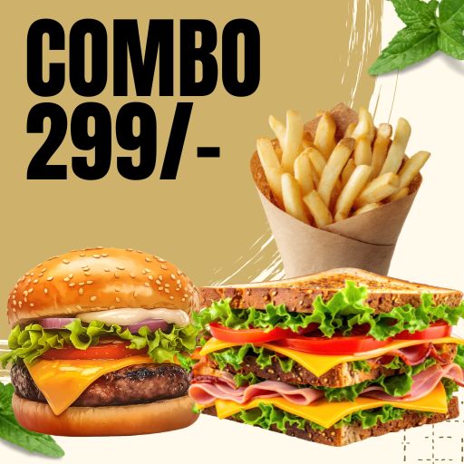 Combo @ 299/- : 1 Club Sandwich + 1 Double Patty Burger + 1 Peri Peri Fries