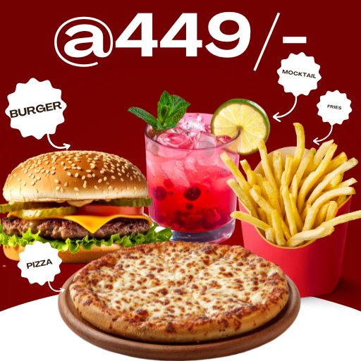 Combo @ Just 449/- : 6" Pizza + Burger + Peri Peri Fries + Mocktail