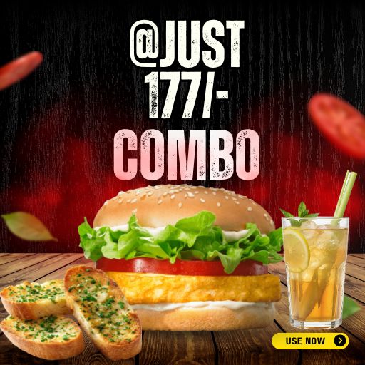 Combo @ Just 177/- : Aloo Tikki Burger + Cheese Garlic Bread + Inhouse Ice Tea