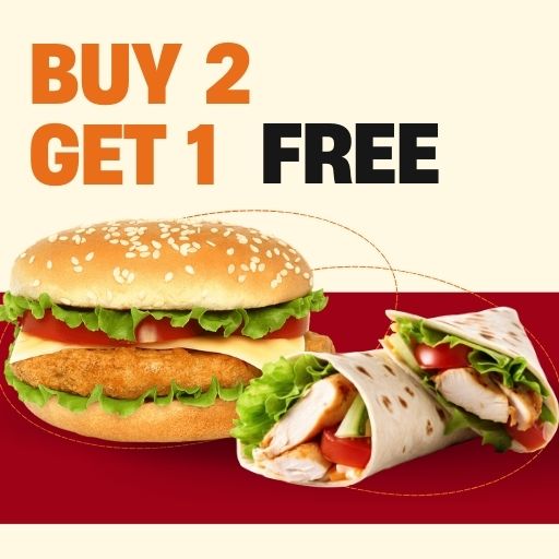 Buy 2 Fusion Burger / Wrap & Get 1 Free ( Not Valid on Aloo Tikki, Chat Pata , Spicy Sultan)